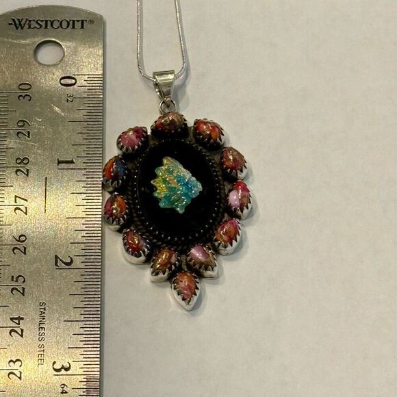 Southwestern Onyx Opal & Spiny Oyster Turquoise Indian Cameo Necklace Pendant - Picture 4 of 5